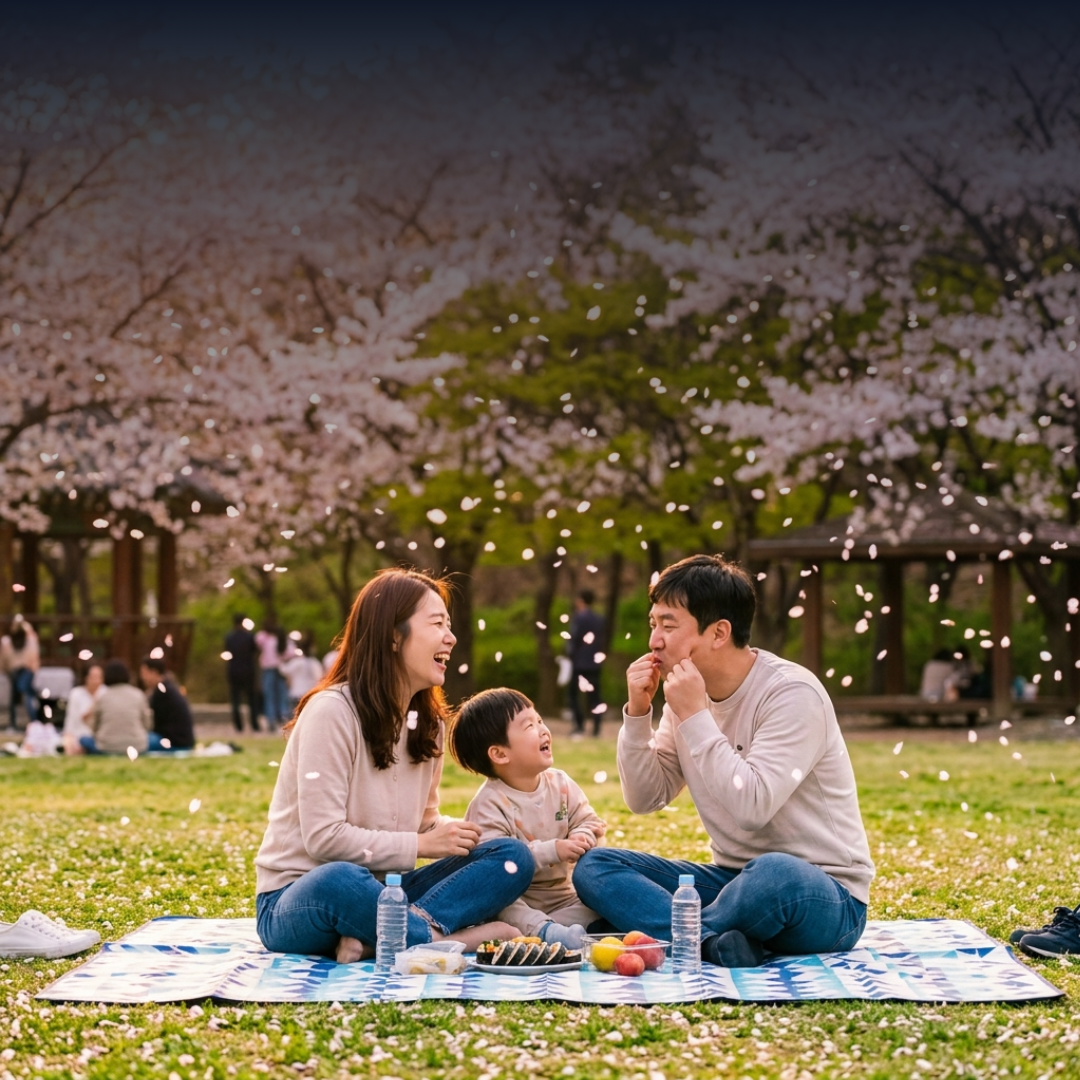 Family picnic in a park during cherry blossom season